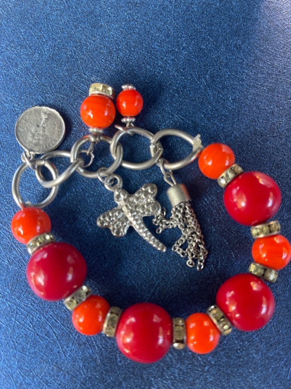 Red & Orange Beaded Charm Bracelet with Dragonfly Accent